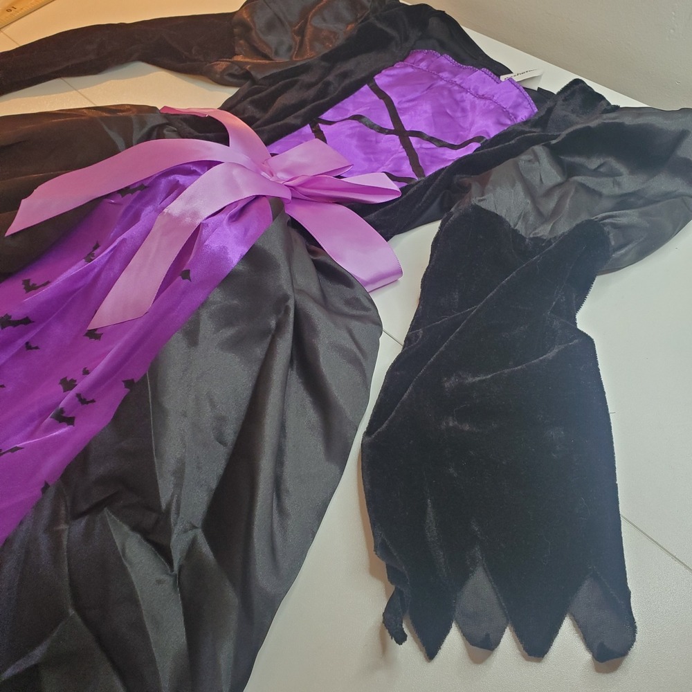 Kids Light Up Witch Costume Purple Black Bat Print Dress and Broomstick Set - Picture 3 of 14